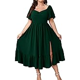 SCOMCHIC Womens Plus Size Wedding Guest Cocktail Dresses Sweetheart Neckline Short Sleeve Smocked Ruffle Slit Maxi Dress