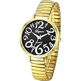 JewelryWe Women's Big Dial Easy Reader Watch Gold/Silver Tone Elastic Stretch Band Wristwatch for Valentine's Day