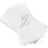 AMERICAN HOMESTEAD Disposable Hand Towels - Silver Foil Monogrammed Guest Napkins - Linen-Like Bathroom Paper Towels for Guests - Perfect Wedding and Party Napkins - 50 Count (Silver G)
