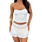 Goafuliy 2 Piece Skirt Outfits for Women Y2k Summer Bandeau Going Out Crop Tops and Low Wasit Mini Skorts Sets