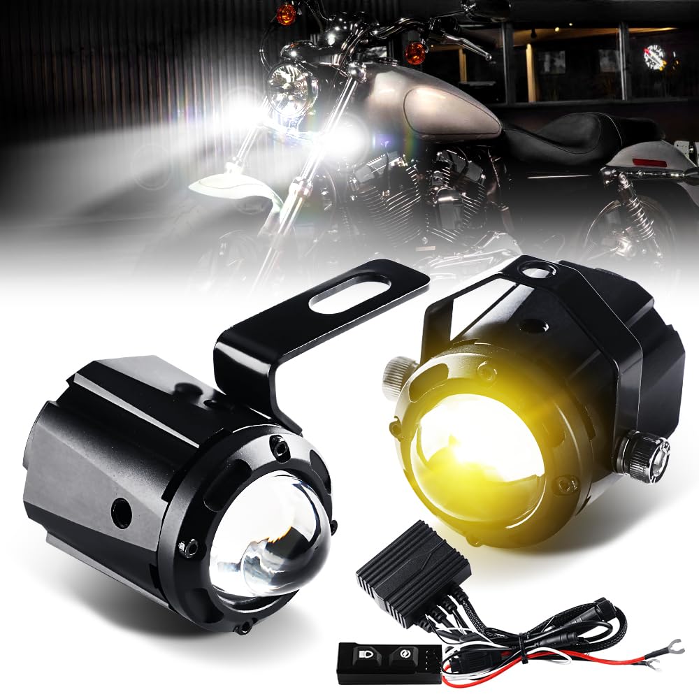 Photo 1 of Sidaqi Motorcycle LED Fog Lights Amber White 50W Super Bright Motorcycle Driving Fog Lights 5 Modes with Waterproof Wire Harness Motorcycle Auxiliary LED Light Kit 12-30V