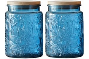 700ml Blue Glass Canisters, 2 Pack Vintage Glass Kitchen Storage Counter Jar, Candy Jars with Lids, Blue Mason Jar Hold Coffe