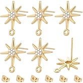 Beebeecraft 10pcs Star Earring Findings, 18K Gold Plated Cubic Zirconia Sun Stud Earring with Loop for Jewelry Making Dangle DIY Supplies