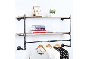 JIANZHUO Industrial Pipe Clothing Rack Wall Mounted with Wood Shelf,Retail Garment Rack Display Rack,Pipe Shelving Floating Shelves 42in Clothes Racks