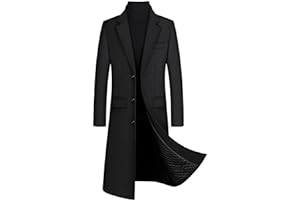 xxxiticat Men's Winter Trench Coat Long Sleeve Notch Lapel Single Breasted Quilted Cotton Long Overcoat Jacket Wool Pea Coat