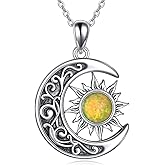 VONALA S925 Sterling Silver Sun and Moon Necklace - Opal/Lapis Crescent Moon Star Pendant Jewelry Gift for Women