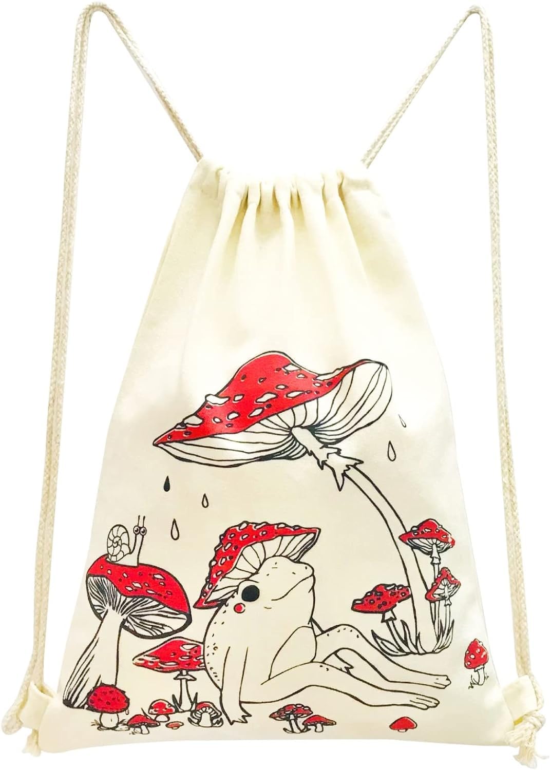 Red Mushroom Drawstring Backpack Cute Frog Drawstring Bag Vintage Aesthetics Cotton Canvas Backpack for Women Gift Sport Gym String Bag Beach Sack Bag Travel Sackpack