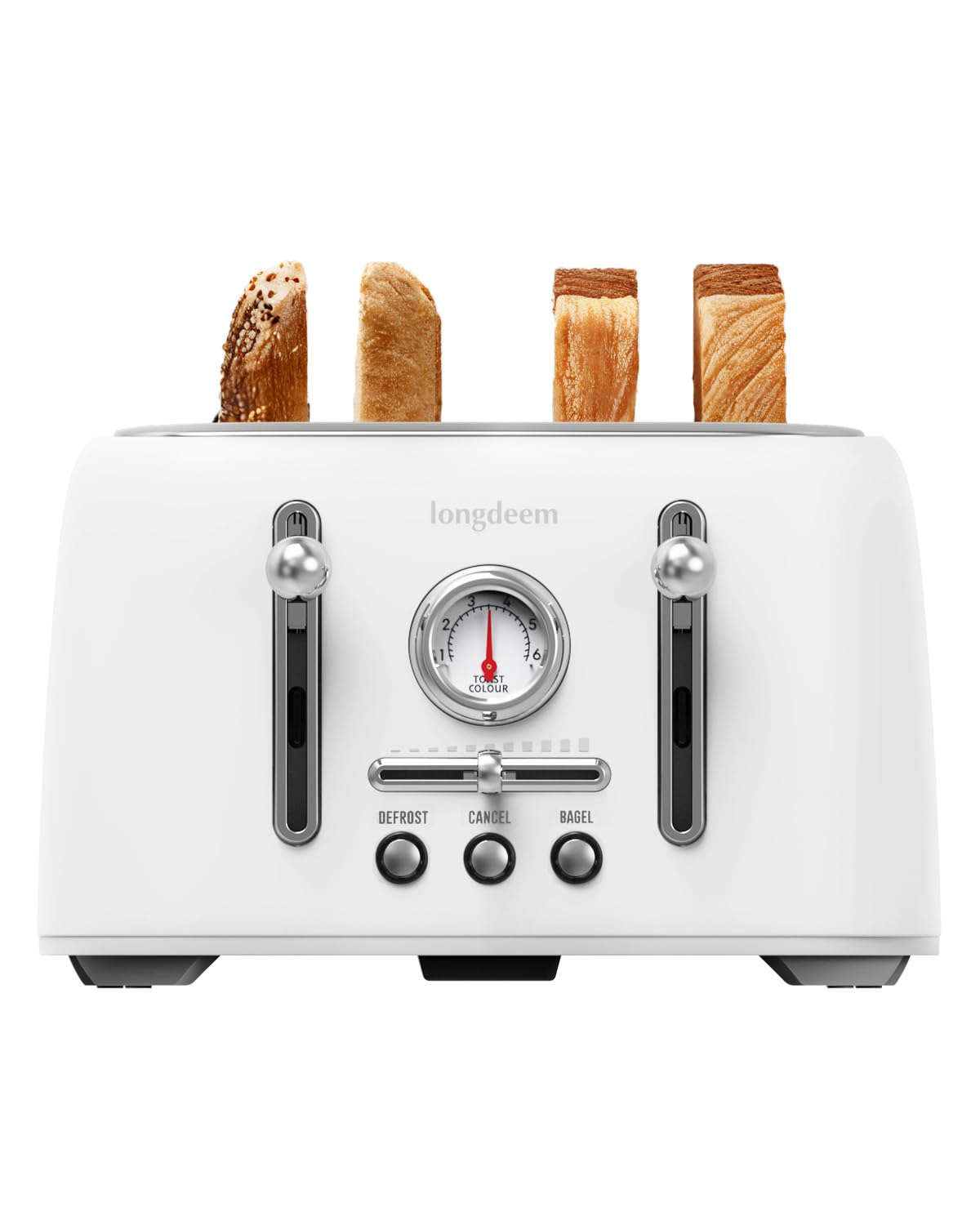 4-Slice Stainless Steel Toaster with 1.6″ Wide Slots, Retro Bagel Toaster with 6 Browning Levels, Defrost/Bagel/Cancel, Removable Crumb Tray, Cute White