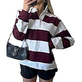 NUFIWI Y2k Rugby Shirt for Women Long Sleeve Striped Oversized Polo Sweatshirts Fall Trendy Collared Pullover Tops