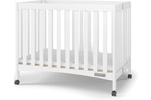 Child Craft London Mini Compact Folding Portable Crib with 2” Crib Mattress and 2 Easy Roll Locking Wheels, Durable Pine Wood Construction (Matte White)