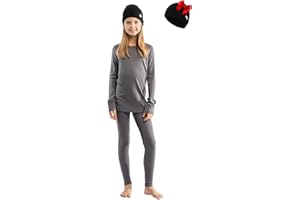 Merino Wool Base Layer Kids Set - Midweight Unisex Merino Wool Thermal Underwear for Kids Top, Bottom, with Beanie