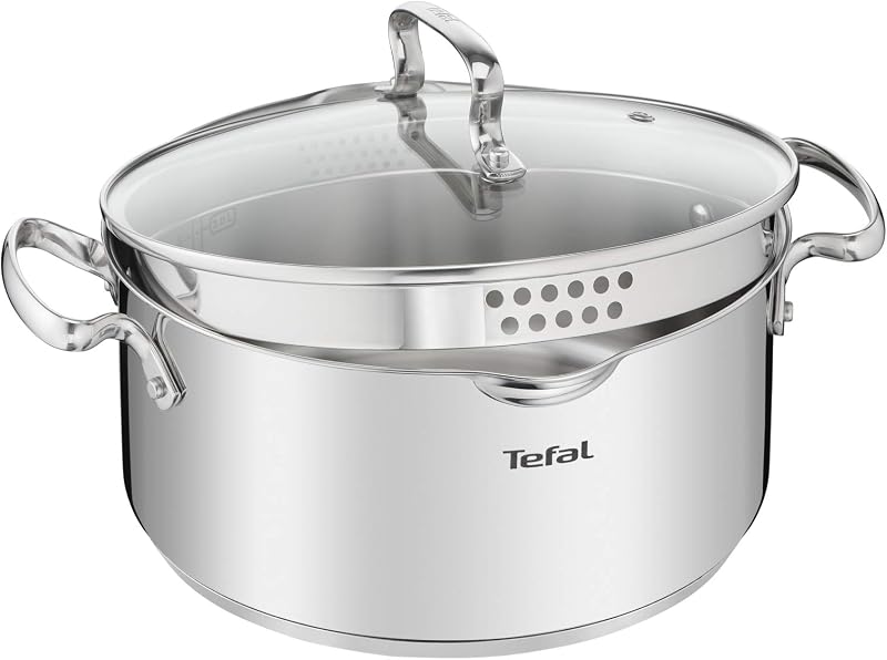 Duetto Lot de 7 pièces : 3 casseroles 16/20/24 cm, 1 casserole 16 cm, 3 couvercles en acier inoxydable, 3 couvercles en verre, marques de mesure, toutes sortes de cuisines, passe au four et au
