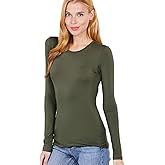 Women's Basic Solid Lightweight Soft Cotton Long Sleeve Crew Neck & V Neck Slim Top Shirts Plus (S-2XL)