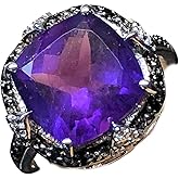 Natural 4.5ct Purple Amethyst, Black Spinel, White Topaz 925 Solid Sterling Silver Wedding Ring Size 7