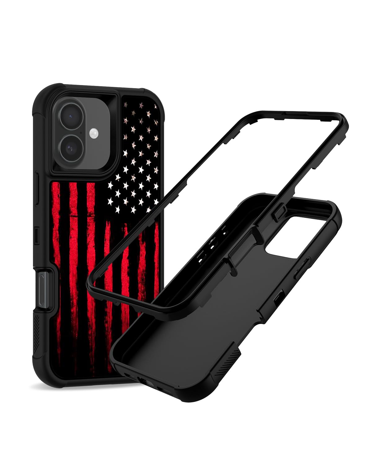 XWMHHP Compatible with iPhone 16 Case Black Red American Flag Design for Men Boys, 3-Layer Rugged Shockproof Hard Plastic Bumper +Soft Silicone Rubber Heavy Duty Protection Cover