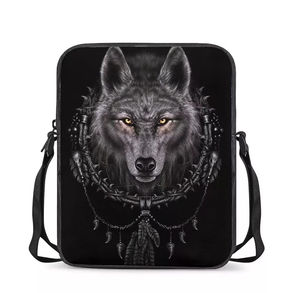 chaqlin Animal Wolf School Bags Black Wolf Messenger Totebags for Boys Girls,Cool Mini Crossbody Bags Shoulder Handbags Wallet for Outdoor Travel Sport