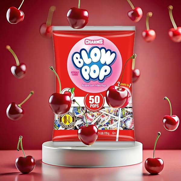 CHARMS BLOW POP SINGLE FLAVOR BAG – CHERRY FLAVORED LOLLIPOPS WITH A BUBBLE GUM CENTER – INDIVIDUALLY WRAPPED HARD CANDY – RED CANDY – PEANUT FREE, GLUTEN FREE, 50 COUNT (PACK OF 1)