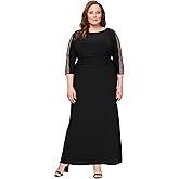 S.L. Fashions Womens Long Length Ruched Waist Formal Mother of The Dress with Beaded Illusion 3/4 Sleeves (Plus Size)
