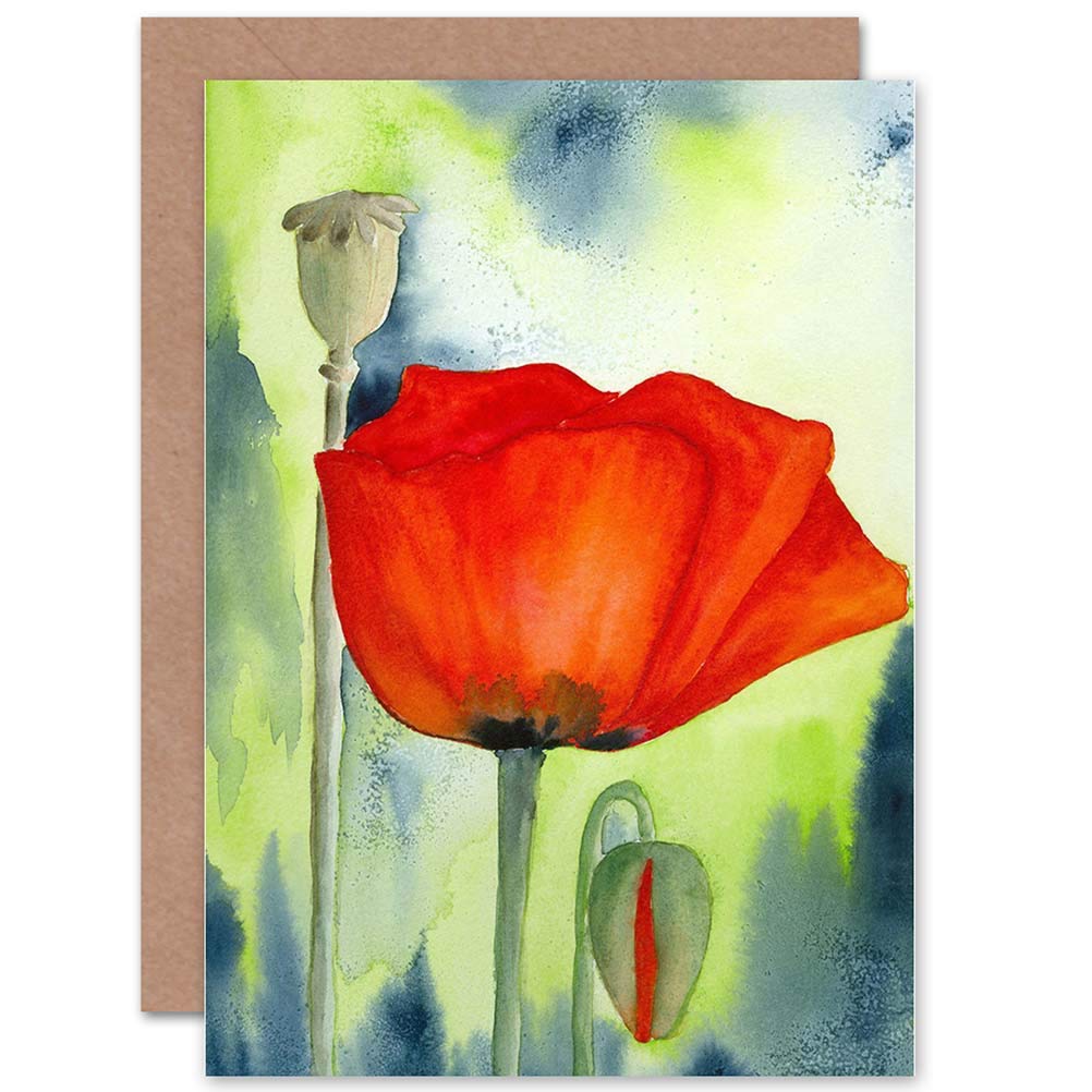 Wee Blue Coo POPPY FLOWER BUD RED WATERCOLOUR BIRTHDAY BLANK GREETINGS CARD