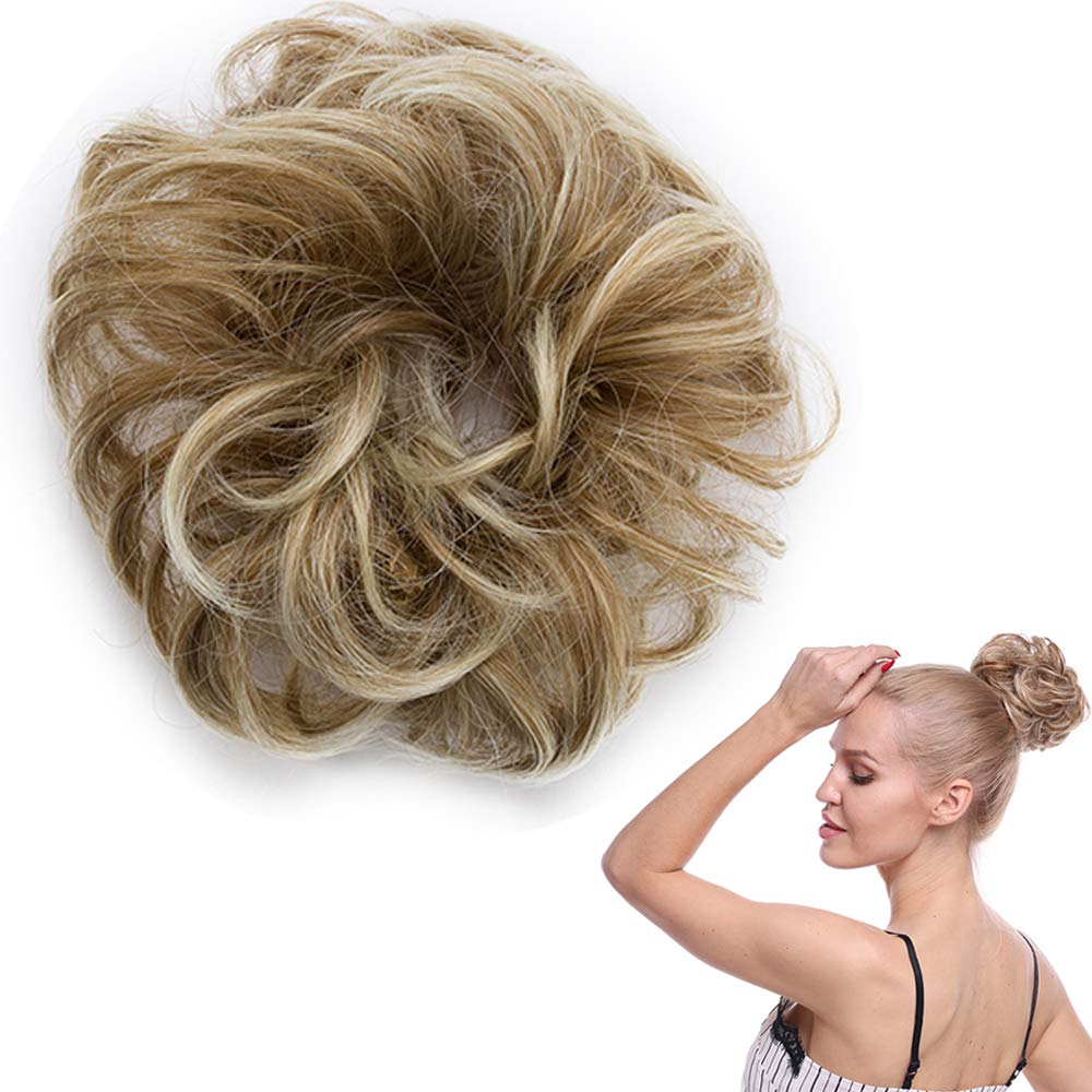 Messy Updo Hairpiece Scrunchy Scrunchie Bun Extension [Coffee Brown & Bleach Blonde] Curly Ribbon Ponytail Extension Donut Chignons