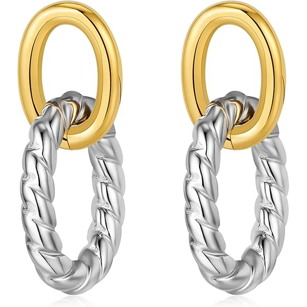 Two Tone Big Oval Statement Earrings - Gold & Silver Chunky Dangle Earrings For Women