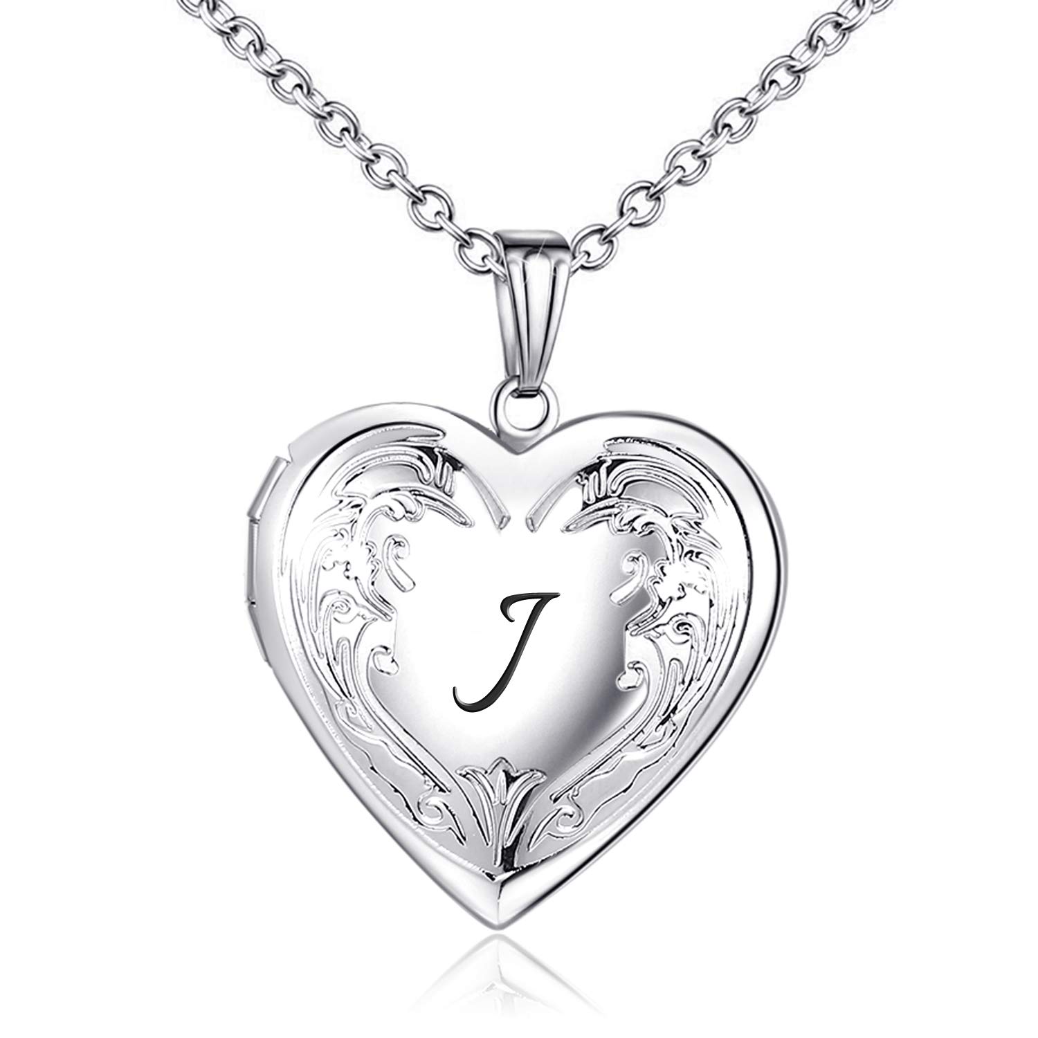 MUERDOU Locket Necklace that Holds Pictures Initial Alphabet Letter Heart Shaped Photo Memory Locket Pendant Necklaces J