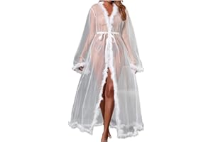 HGps8w Women's Feather Lingerie Robe Faux Fur Trim Sexy Long Sheer Kimono Bathrobe Bridal Wedding Day Nightgown