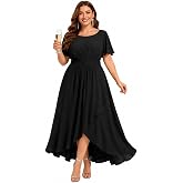Ever-Pretty Plus Women's High Low Plus Size Cocktail Wedding Guest Dresses | Round Neck, Short Sleeve, Smocked Waist, Plus Size Formal Dresses for Women, Plus Size Bridesmaid Dress