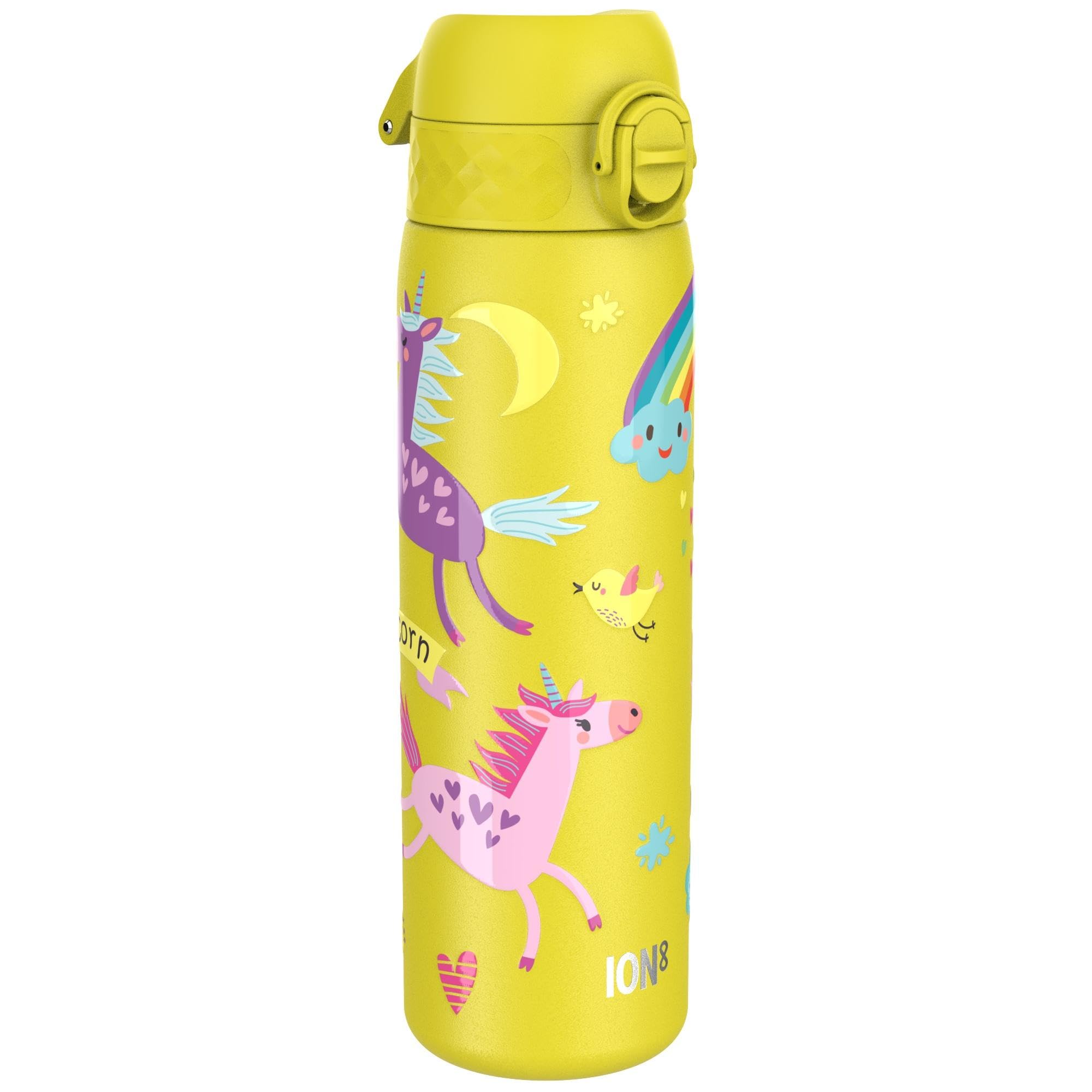 ION8 Lightweight Steel Water Bottle, 600 ml/20 oz, Non-Insulated, Leak Proof, Easy to Open, Secure Lock, Dishwasher Safe, Flip Cover, Fits Cup Holders, Carry Handle, Metal Water Bottle,Yellow Unicorns