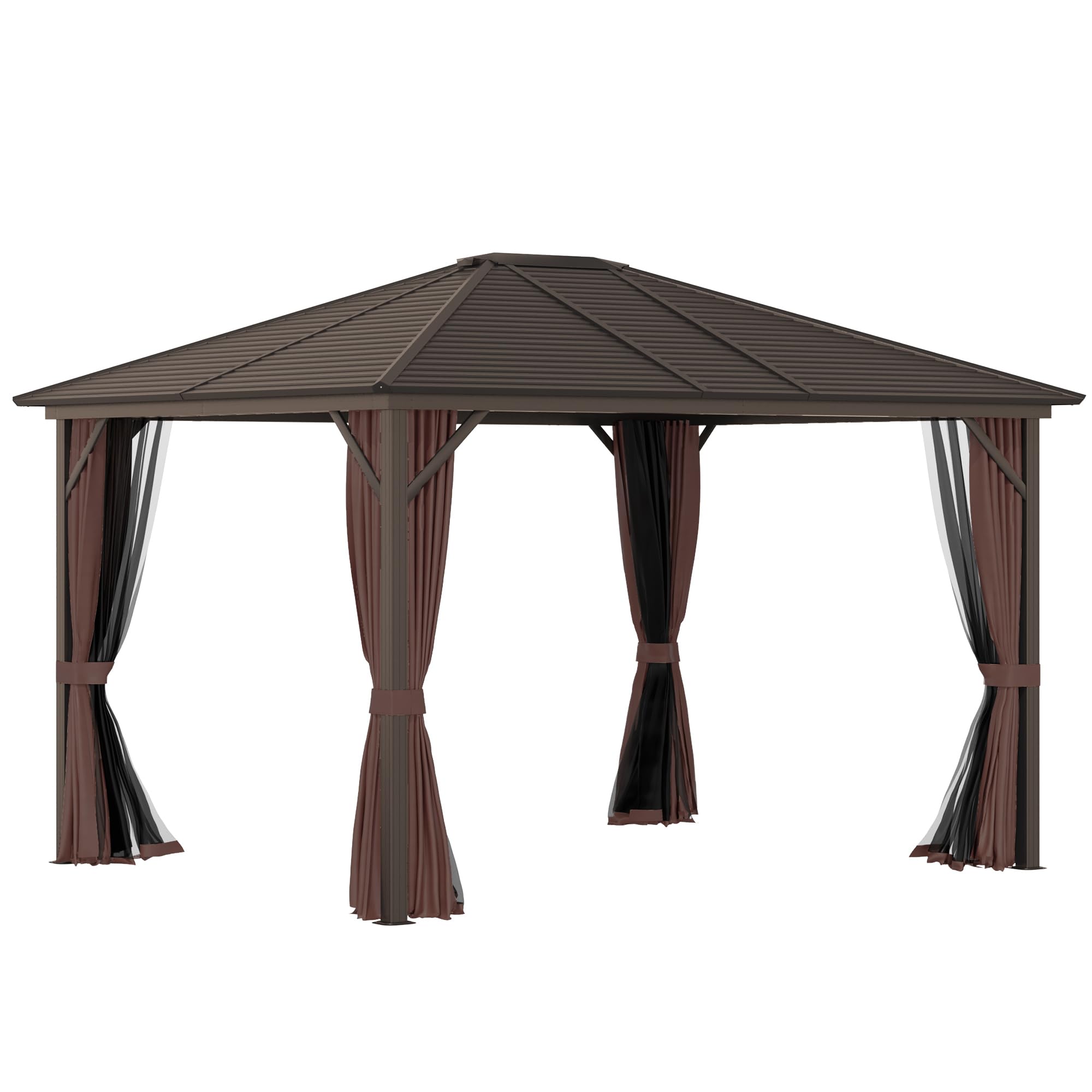 Photo 1 of Outsunny 10' x 12' Hardtop Gazebo with Curtains and Netting, Permanent Pavilion Metal Single Roof Gazebo Canopy with Aluminum Frame and Hooks, for Garden, Patio, Backyard, Coffee Brown