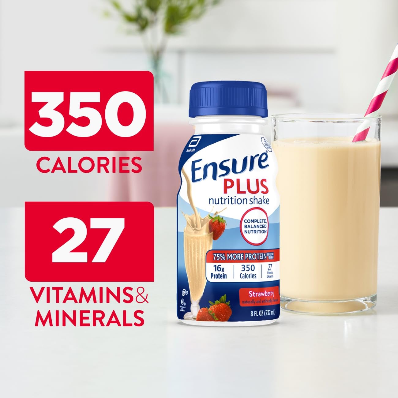 Ensure Plus Strawberry Nutrition Shake | Meal Replacement Shake | Ready To Drink | 16g Protein and 27 Vitamins and Minerals | 8 fl oz - 24 Pack