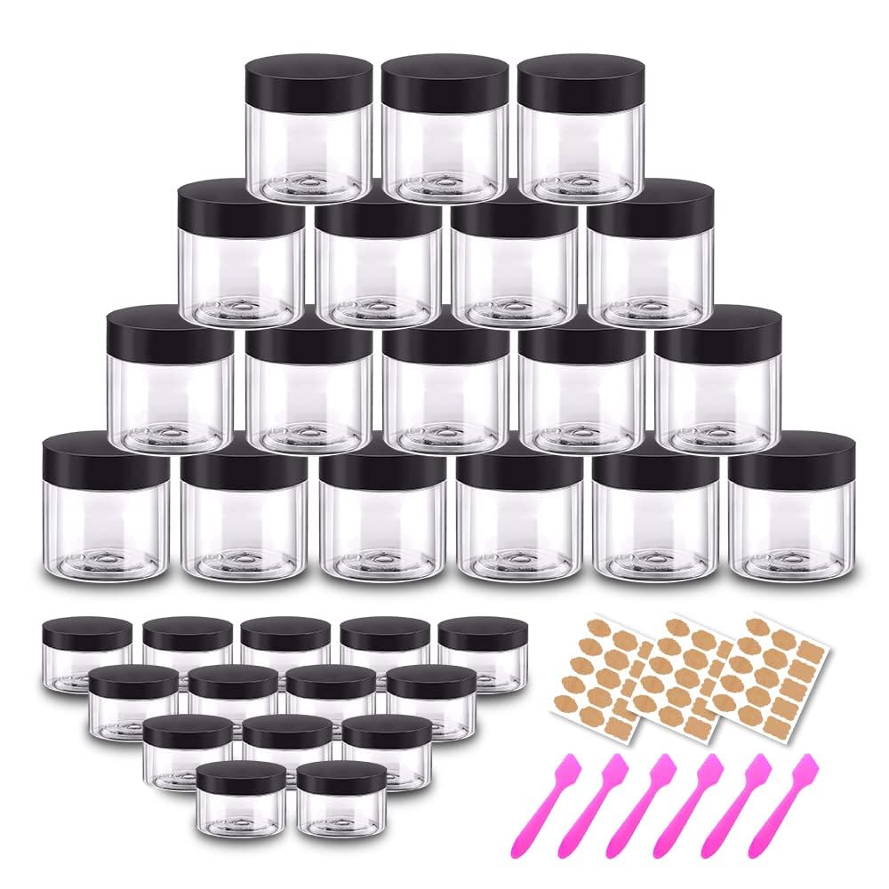 2oz 60ml Sample Pots Round Cosmetic Containers with Lids | 20g Clear Small Plastic Jars 48pcs Travel Containers for Cream, Body Butter, Eye Shadow, Rhinestone, Lip Scrub + Label Stickers & Spatulas — image 1