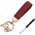 Kewucn Genuine Leather Car Keychain, Universal Heavy Duty Metal Auto Key Fob Holder with Anti Lost D-Ring for Men Women (Golden-Wine Red)