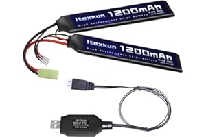 Itexkun Airsoft Battery 7.4V 1200mAh Lipo Battery 2S Small Tamiya Plug Rechargeable 30C High Discharge Rate with Charger for Airsoft Model Guns