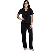 Aerosoles Women's Ribbed Notch Collar Cozy Pjs 2 Piece Cozy Comfy Soft Lounge Sleepwear Button-up Cotton Pajama Set, Black, Small Pajama Set, Black, Small