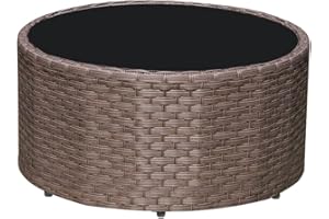 SUNSITT Round Outdoor Coffee Table with Tempered Glass Top, Rattan PE Resin Wicker Patio Side Table, Grey-Brown