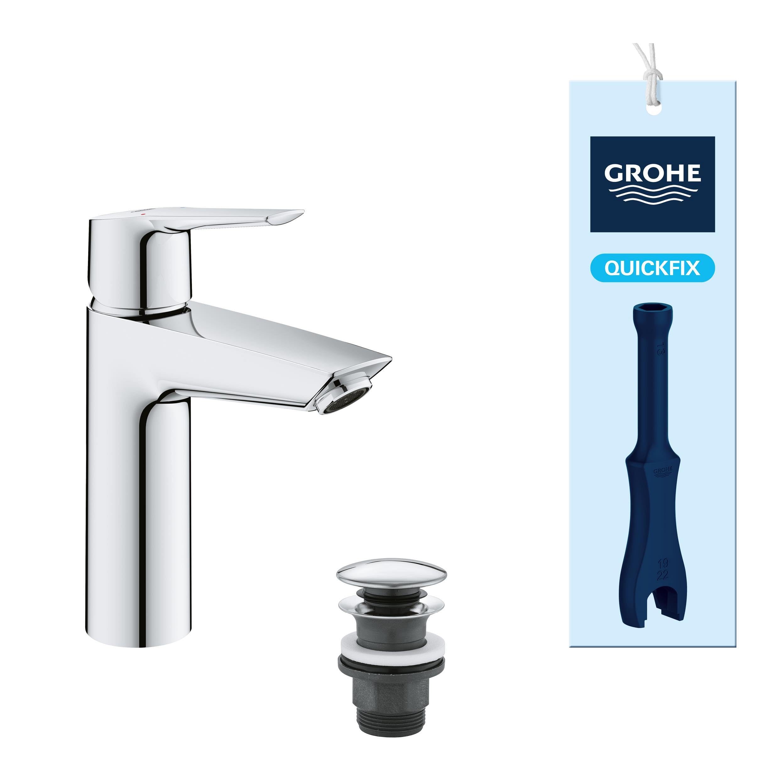 GROHE QUICKFIX Start - Wash Basin Mixer Tap with Click-Clack Push Waste Set (Metal Lever, Water Saving Technology, Easy to Install, Includes 3-in-1 Tool, Tails 3/8 Inch), Size 192 mm, Chrome, 24204002