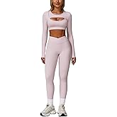 ABEHIK Workout Sets for Women 2 Piece Long Sleeve Seamless Cutout Crop Tops High Waist Leggings Yoga Athletic Gym Set