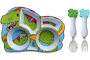ARI MES - Dinosaur Plate for Toddlers, BPA-free Kids Set and Dish Set, Dino Kids Dishes, Lightweight and Plates and Shatter Resistant Bowls Dinnerware, Toddler Plates for Babies
