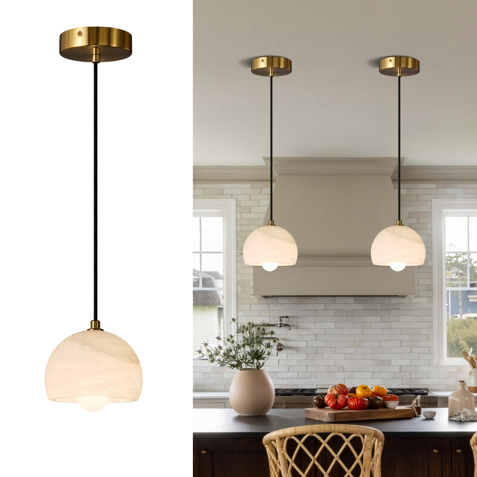 Photo 1 of CEENWE Alabaster Pendant Light Kitchen Island, D5.5 White Pendant Light Fixtures,Natural Marble Shade and Brass Metal Frame,Adjustable Ceiling Pendant for Dining Room, Living Room, Bedroom & Bathroom