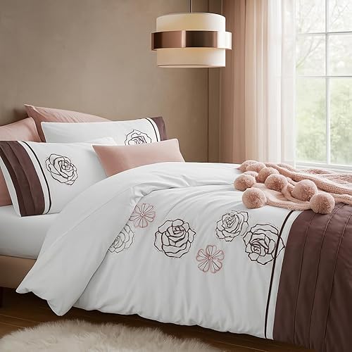 Velosso Elegant Floral Embroidered Duvet Cover Set, White with Plum Trim, Cotton Rich, Sequin Embellished Rose Pattern, Machine Washable (Double)