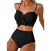 Herseas Women's Seashell Textured Bikini Sets Knotted Front 2 Piece Swimsuits Ruffle Trim Bathing Suits