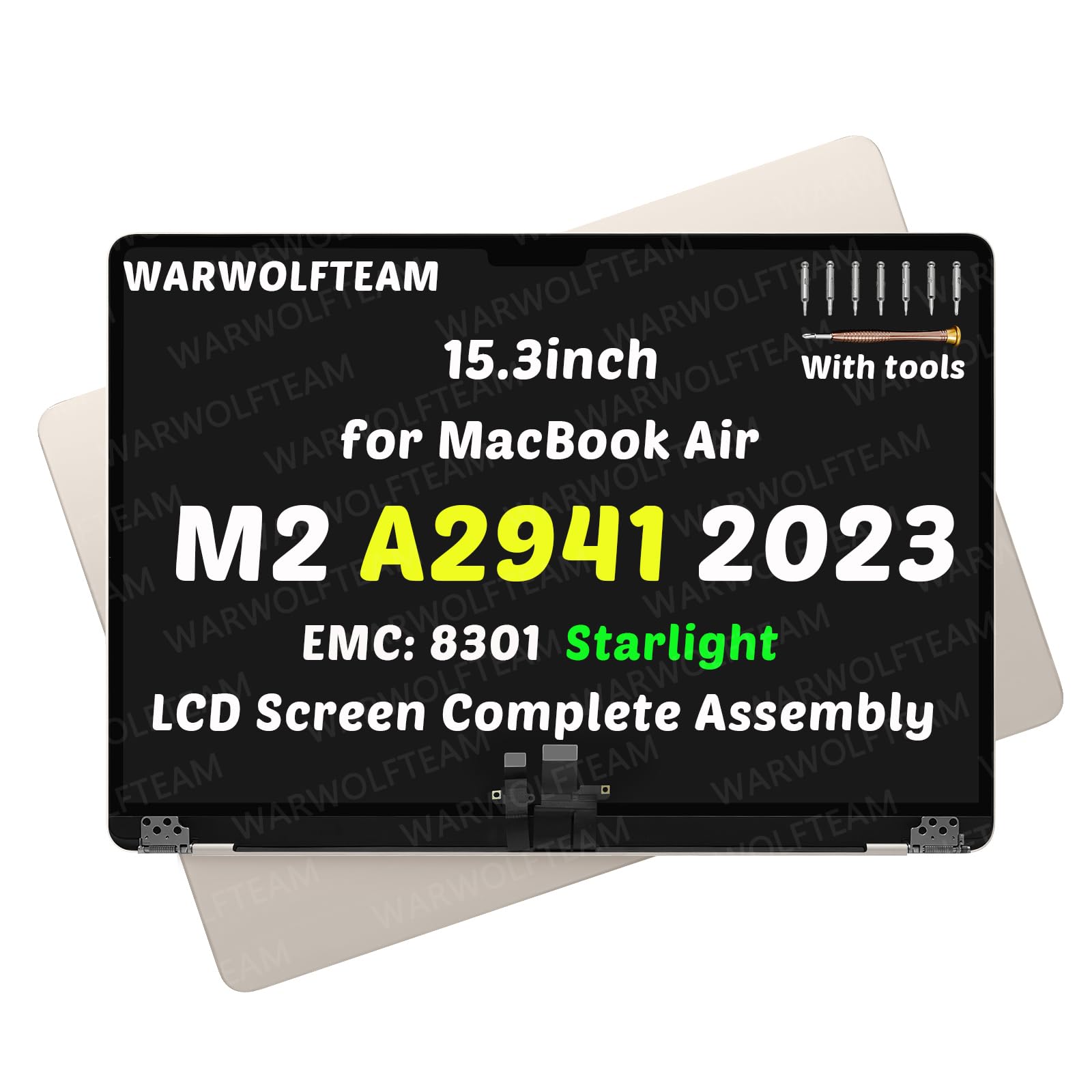 Photo 1 of WARWOLFTEAM 15.3inch Compatible with MacBook Air Mac14,15 A2941 2023 M2 MQKP3xx/A MQKQ3xx/A EMC 8301 Retina LCD 2880 x 1864 Screen Digitizer Replacement Complete Assembly(Starlight)