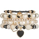 DATOA 5Pcs Stackable Beaded Bracelets Set for Women Bohemian Faux Pearl Heart Crystal Stretch Bracelets Beach Holiday Party Jewelry