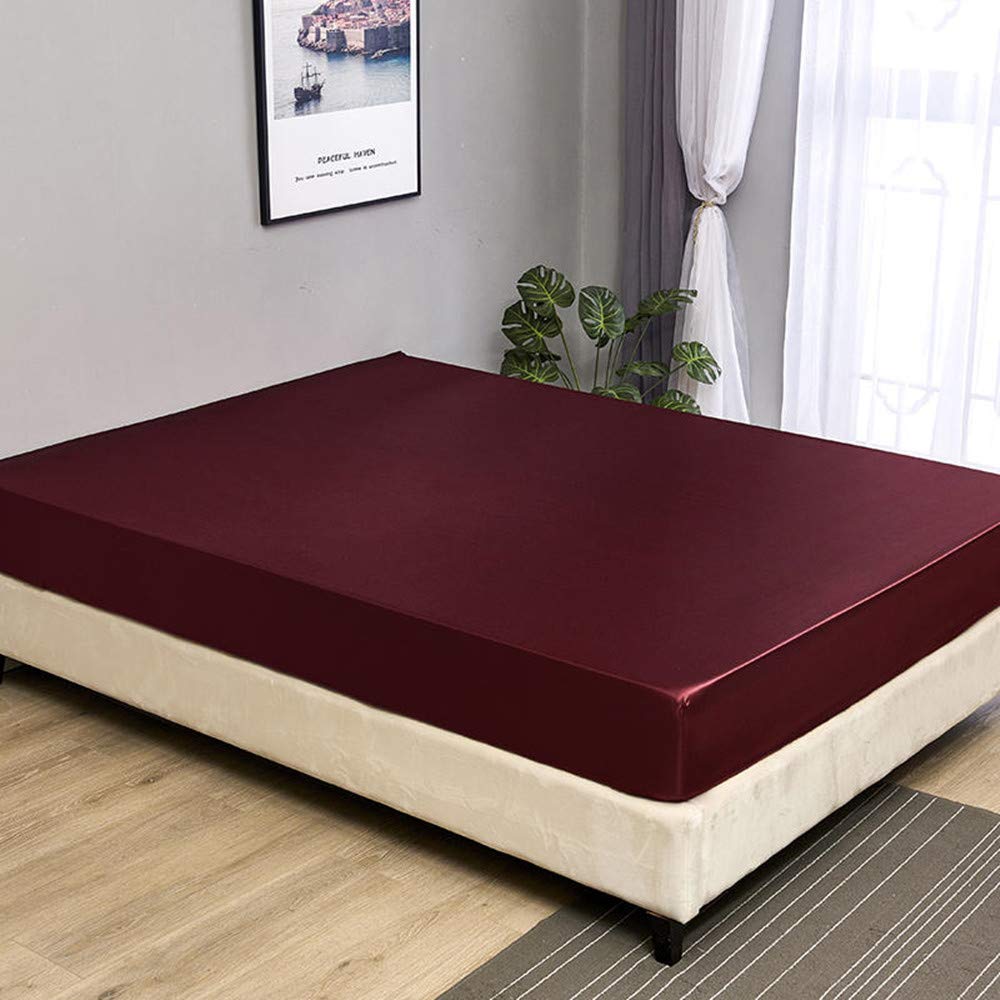 JUWENIN Luxury Silk Satin Deep 12" Skin Beauty Hair Health Face Care Hypoallergenic Fitted Sheet (Double, Burgundy)