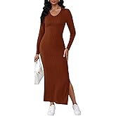 Women's Casual Long Sleeve Collar V Neck Maxi Sweater Dress Sexy Slit Thigh Ribbed Knit Bodycon Pencil Dresses