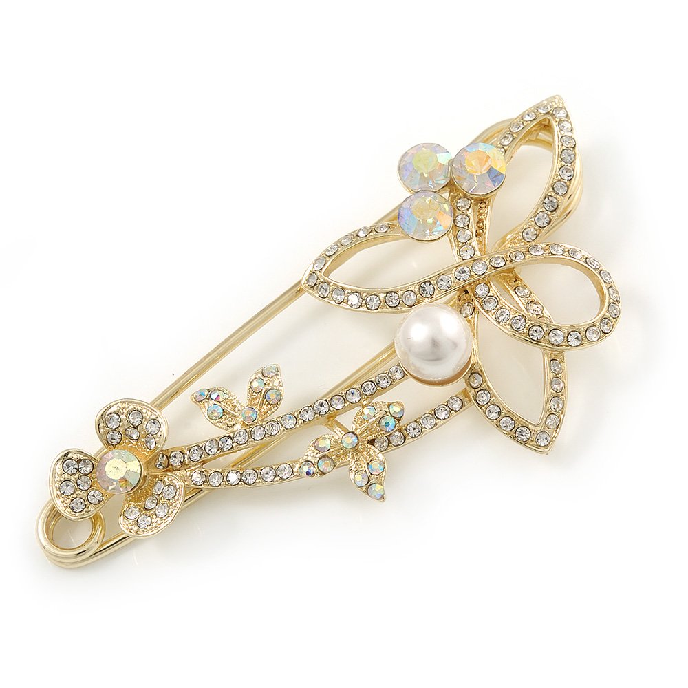 Oversized Clear/AB Crystal, Pearl Floral Safety Brooch In Gold Tone Metal - 90mm L