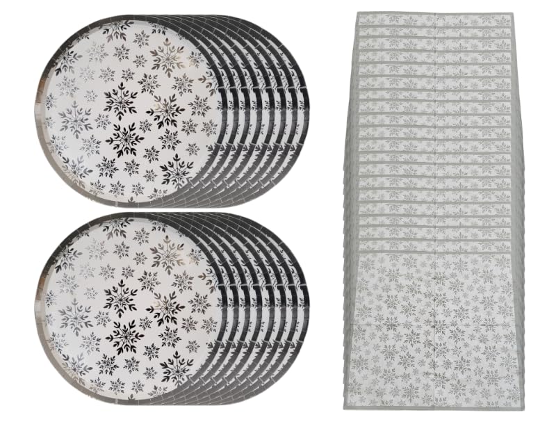 Hilltop Supplies Christmas Snowflake Pattern Disposable Paper Plates with Napkins | 16 Plates & 20 Napkins | Christmas Paper Plates & Napkins | Christmas Dinner Set
