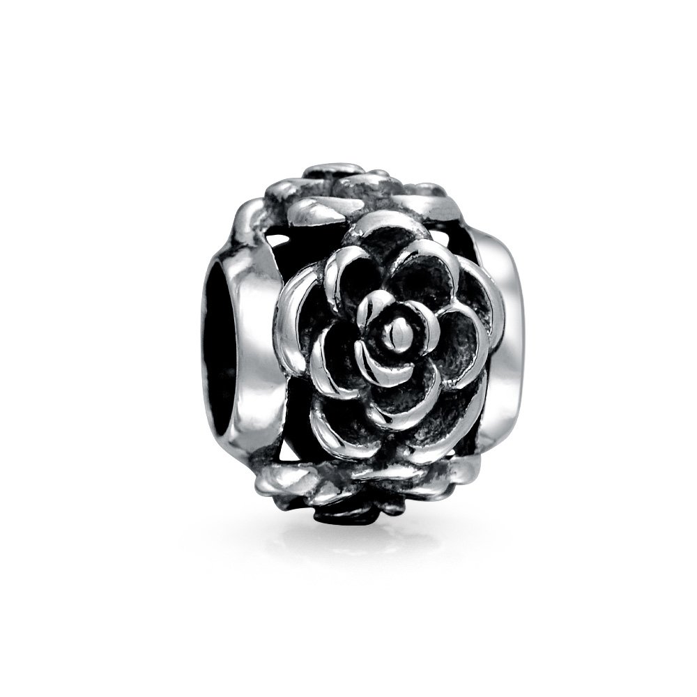 Flower Garden Spring Floral Black Rose Charm Bead For Women For Teen Oxidized .925 Sterling Silver Fits European Bracelet