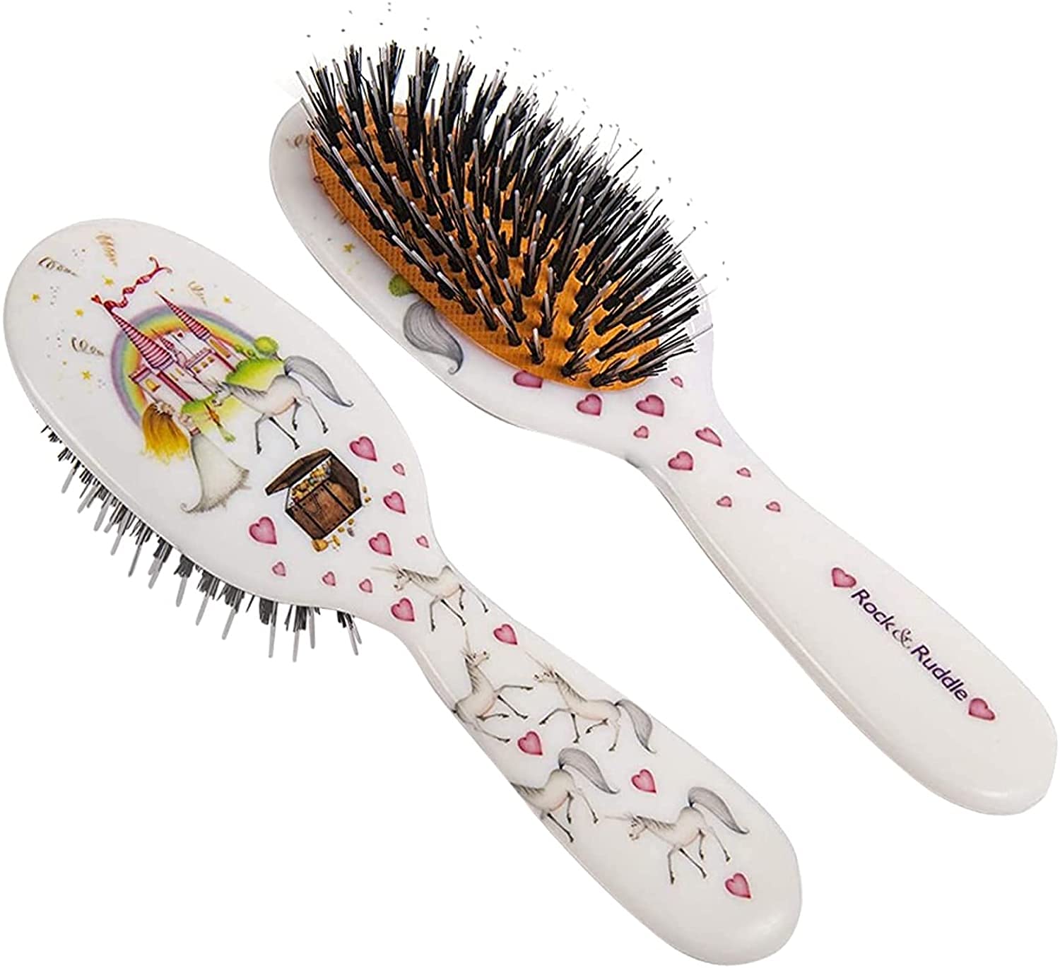Rock & Ruddle Natural Mixed Boar Bristle Hair Brush for Women and Kids (Small/Travel Size, 17.5cm) - Perfect for Wet or Dry Hair, Detangling Smoothing Blowdrying - Made in UK - Unicorns Design โ image 1